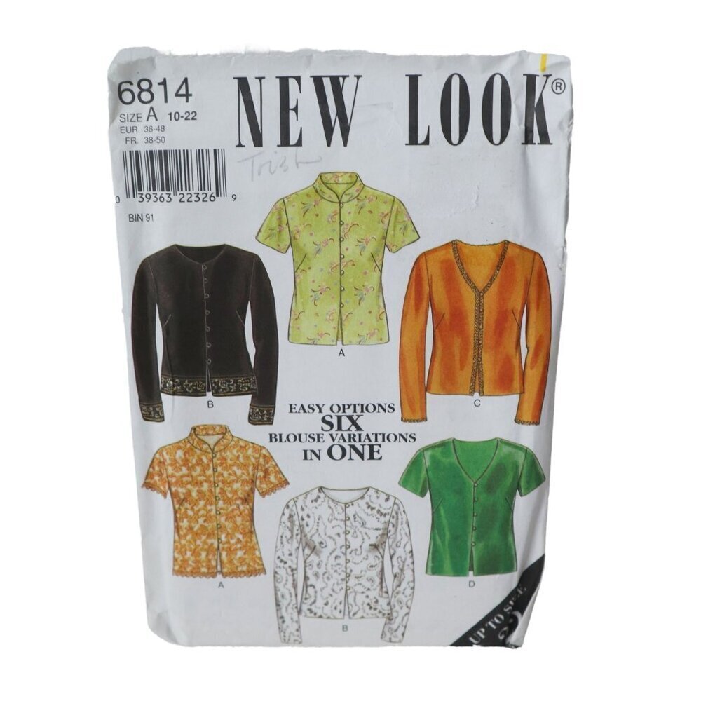 New Look 6814 New Look Size 10-22 Misses Tops Blouses UNCUT